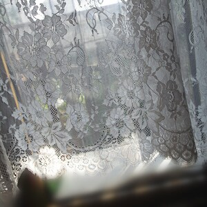 May include: White lace curtain with a floral pattern, hanging in a window. The lace is delicate and intricate, and the light shines through it, creating a soft, ethereal glow.