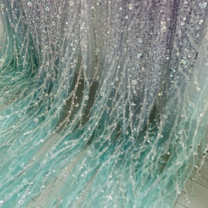 Aqua green Sparkle bead tulle lace fabric for bridal dress, Dip dye bead fabric with gradient colors with florals vines for bridal dress image 4