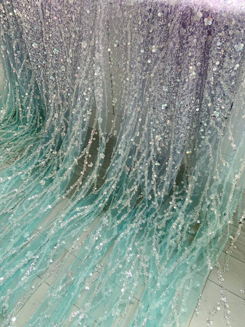 Aqua green Sparkle bead tulle lace fabric for bridal dress, Dip dye bead fabric with gradient colors with florals vines for bridal dress image 4