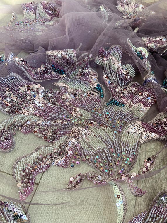 Purple bead embroidery fabric with flowers, heavy bead tulle fabric with colorful florals for dress, couture