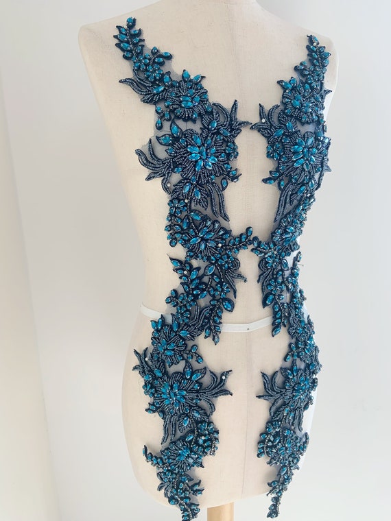 Navy blue rhinestone appliqué  for couture, costume, dress, crafted florals motif bodice, deluxe bead florals applique for couture