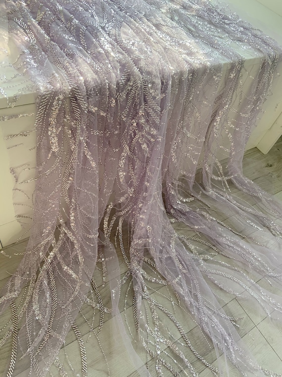Light purple bead tulle lace fabric for bridal dress, beading and sequined mesh fabric for wedding gown