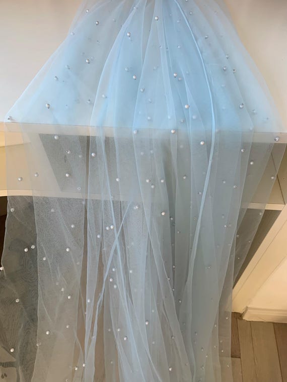 Light babyblue pearl bead tulle fabric, tulle fabric with pearls, wedding birthday prop backdrop