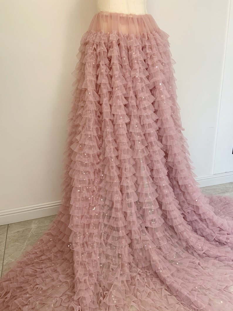 Mauve Pink Ruffle Fabric for Cake Dress With Sequins, Frilled Fabric ...
