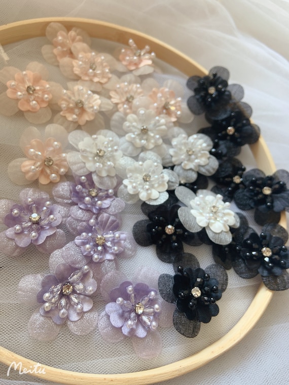 5 pcs handcrafted flowers applique, handmade flowers petals with rhinestone