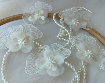 5pcs beige lace flower appliqué with sequins, 3d floral patch with beads , handcrafted flower for garment supplies
