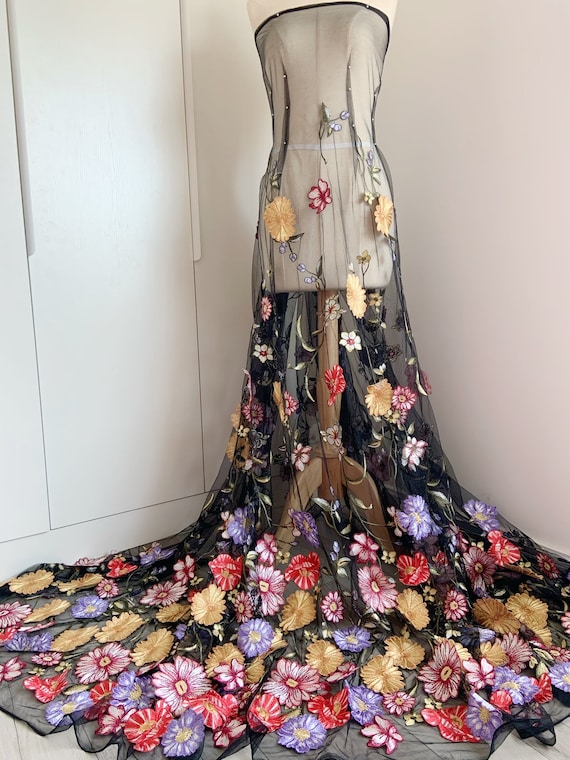 Black embroidered tulle lace fabric with 3d colorful flowers