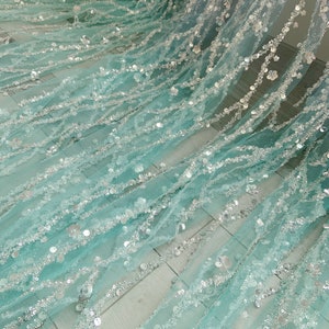 Aqua green Sparkle bead tulle lace fabric for bridal dress, Dip dye bead fabric with gradient colors with florals vines for bridal dress image 5