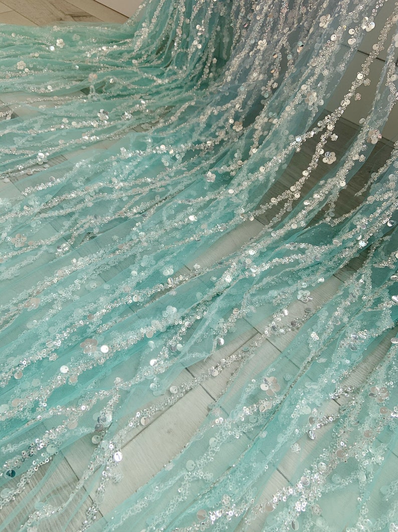 Aqua green Sparkle bead tulle lace fabric for bridal dress, Dip dye bead fabric with gradient colors with florals vines for bridal dress image 5