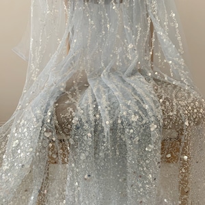Light baby blue bead tulle lace fabric with florals for bridal dress, beading and sequined mesh fabric for wedding gown
