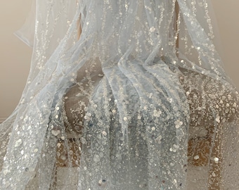 Light baby blue bead tulle lace fabric with florals for bridal dress, beading and sequined mesh fabric for wedding gown