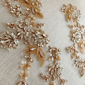 Rose gold Rhinestone applique with 3D flowers, rhinestone appliqués patch for bridal headpiece
