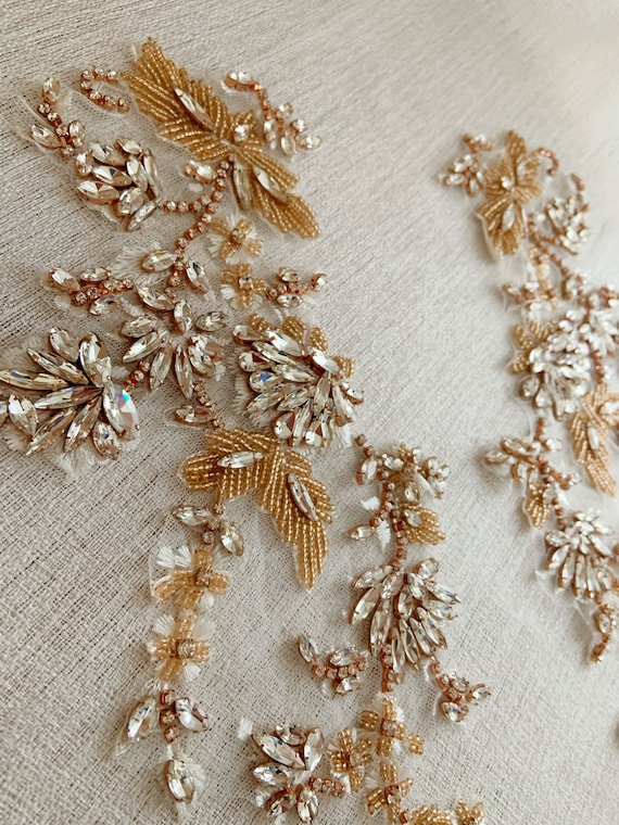 Rose gold Rhinestone applique with 3D flowers, rhinestone appliqués patch for bridal headpiece
