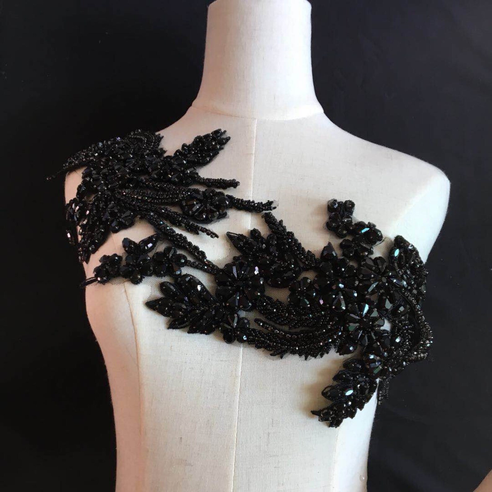 Black bead applique heavy bead applique bead bodice patch Etsy