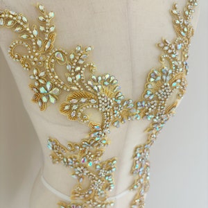 Gold irrisierende Strass Applikation, rosa glitzernde Kristall Applikation für Couture, Kleid, Tanzkostüm