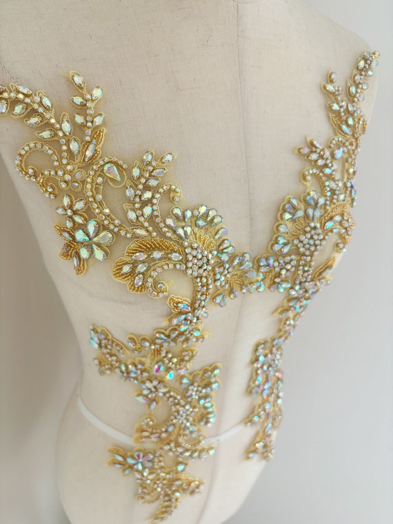Gold iridescent rhinestone appliqué, pink sparkle crystal applique for couture, dress, dance costume