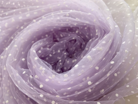 Light purple tulle Lace fabric with flocking polka dots