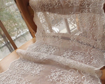 cream lace fabric, ivory embroidered lace with double edges, wedding table runner lace, burlap lace trim