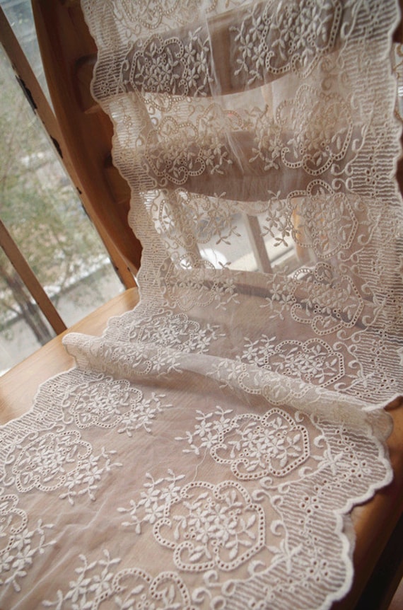 cream lace fabric, ivory embroidered lace with double edges, wedding table runner lace, burlap lace trim
