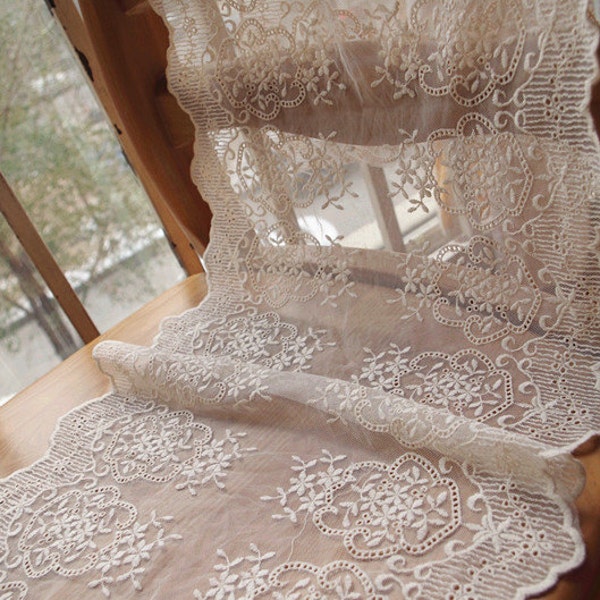 cream lace fabric, ivory embroidered lace with double edges, wedding table runner lace, burlap lace trim