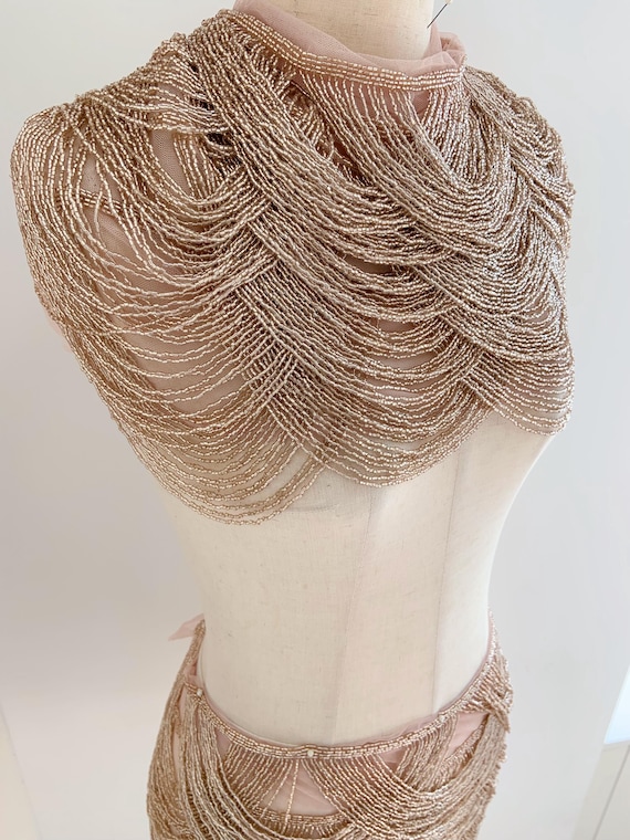 Glamorous Rose gold fringe embellishment for garment, beading body jewelry , bead fringe cape appliqué for couture, dress, dance costume