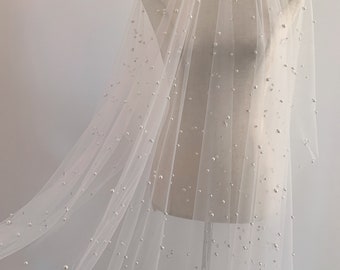 ivory pearl bead tulle fabric, off white tulle lace fabric with pearls for bridal veils, wedding dress