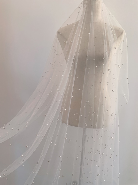 ivory pearl bead tulle fabric, off white tulle lace fabric with pearls for bridal veils, wedding dress