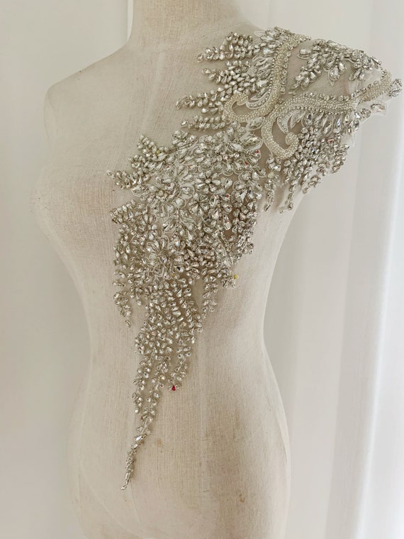 Big Rhinestone bodice applique, crystal applique for wedding dress, hand beading rhinestone patch for haute couture