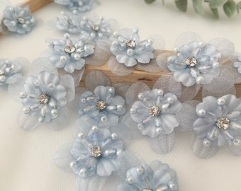 5 pcs pale blue handcrafted flowers applique, handmade flowers petals with rhinestone and beads