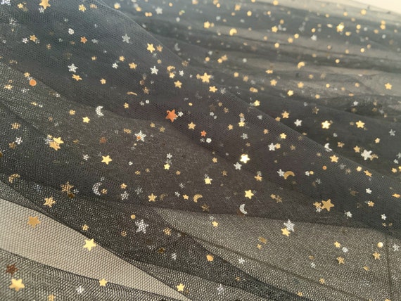 Black tulle fabric with gold moon and stars glitters for dress, costume, dance costume, sparkling galaxy tulle fabric
