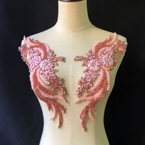 Pink rhinestone applique, rhinestone bodice patch, handcrafted florals patch for couture