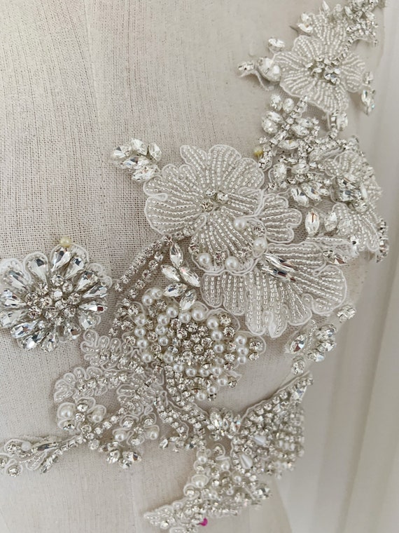 Silver Rhinestone applique with delicate florals for dress couture dance costume, silver crystal patch with flowers