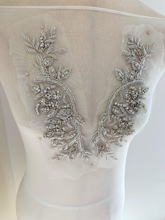 silver zardozi applique with rhinestones, zardozi rhinestone embroidery patch