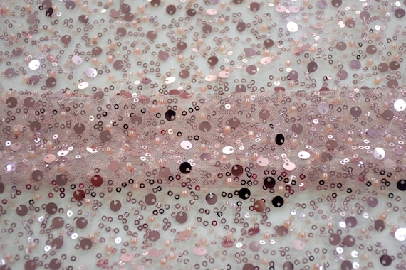 Soft pink bead tulle lace fabric with sequins for bridal dress, costume