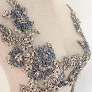 Pale blue Rhinestone applique with florals, rhinestone bodice patch for couture, dance costume, ball gown