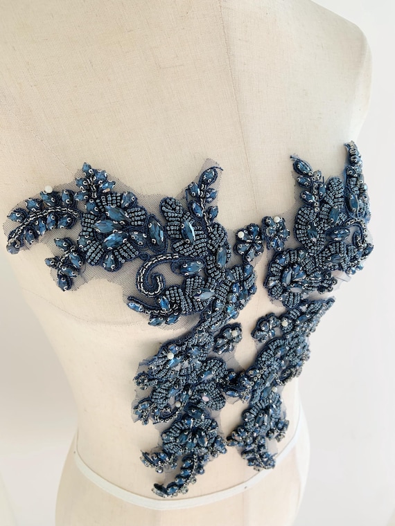 One pair navy rhinestone appliqué , sparkle rhinestone patch for couture, dress, dance costume