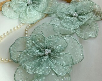 Soft green bead flower patch for dress alteration, organza beadwork flower appliqué, millinery supplies