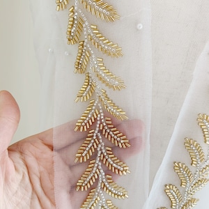 gold heavy bead trim with leaves, bugle bead trim belt for couture