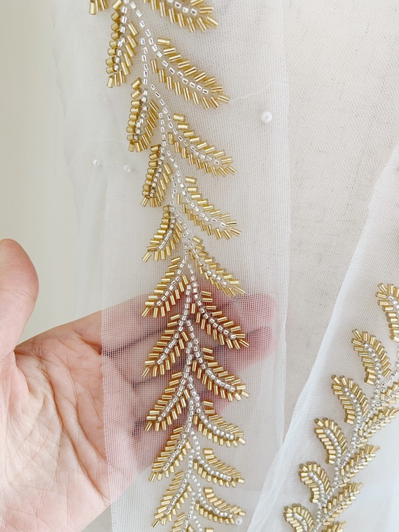 gold heavy bead trim with leaves, bugle bead trim belt for couture