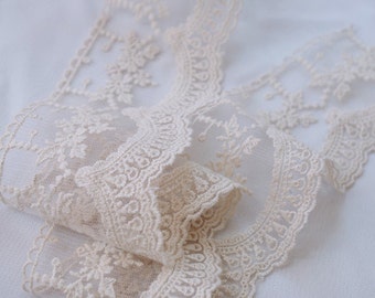 cream Cotton Lace trim, ivory embroidered lace trim, ecru lace trim with double selvedge