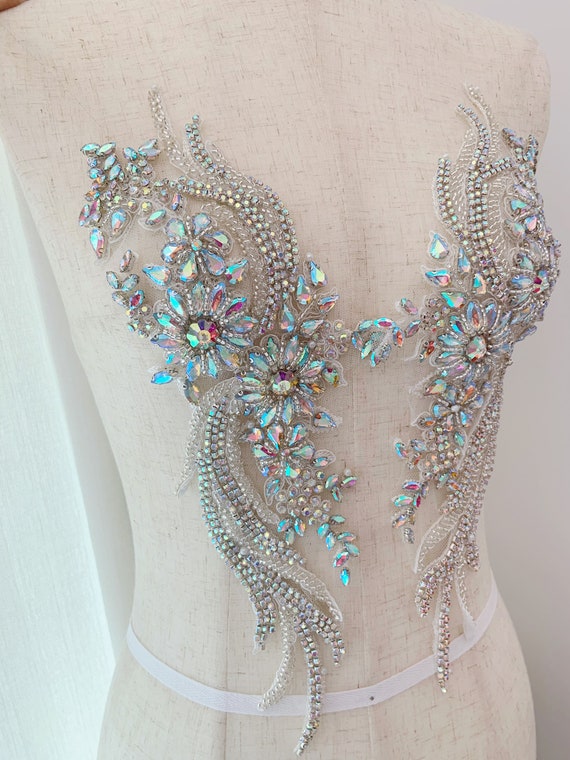 Silver AB French bead applique, iridescent crystal bodice patch, heavy rhinestone bead applique for couture and dance costume