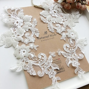 off white heavy bead lace applique, bead cord lace applique with florals motif, bead lace motif