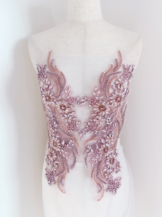 Light pink crystal bodice patch, rhinestone applique patch for couture dance costume sewing