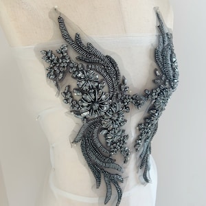 Grey rhinestone applique, crystal bodice patch,  handcrafted rhinestone bead patch for couture dance costume, dress alteration