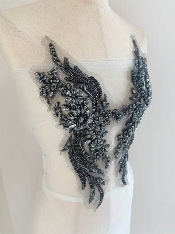Gray rhinestone applique, crystal bodice patch,  handcrafted rhinestone bead patch for couture dance costume, dress alteration
