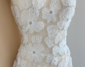 Off white 3d flowers fabric for couture, bridal dress, heavy beaded flowers fabric for wedding dress