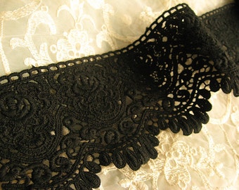 Black Cotton Lace Trim, cotton guipure lace trimming, black lace trim with scallops one yard