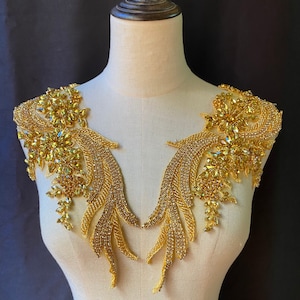 Gold French beaded applique, crystal bodice patch, heavy bead applique for couture