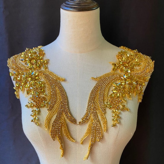 Gold rhinestone applique for dress, crystal bodice patch, heavy bead applique for couture