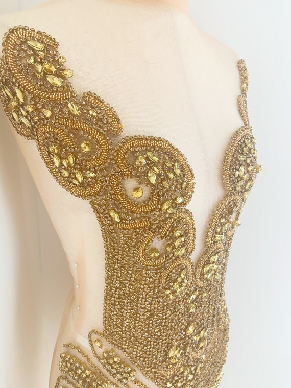Big gold Rhinestone applique, rhinestone dress, crystal applique for couture, dress, costume, stage performance